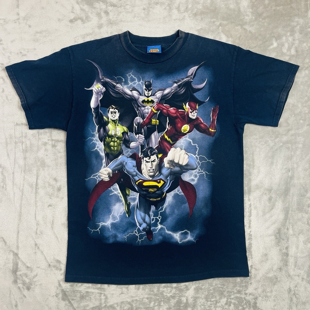 Vtg T Shirt Mens Medium Large Navy Black Graphic Print DC Comics Justice League